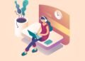 A illustrated woman is working at home