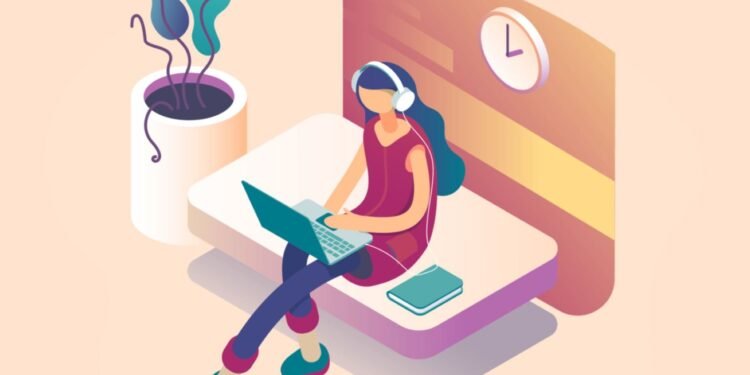 A illustrated woman is working at home